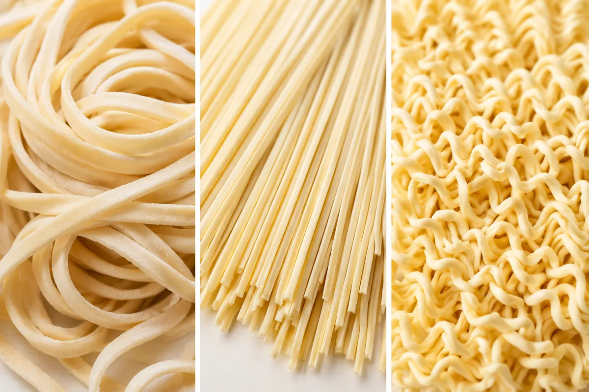 Three wheat noodle formats side by side: fresh flat noodles, straight dried noodles and a wavy instant noodle block